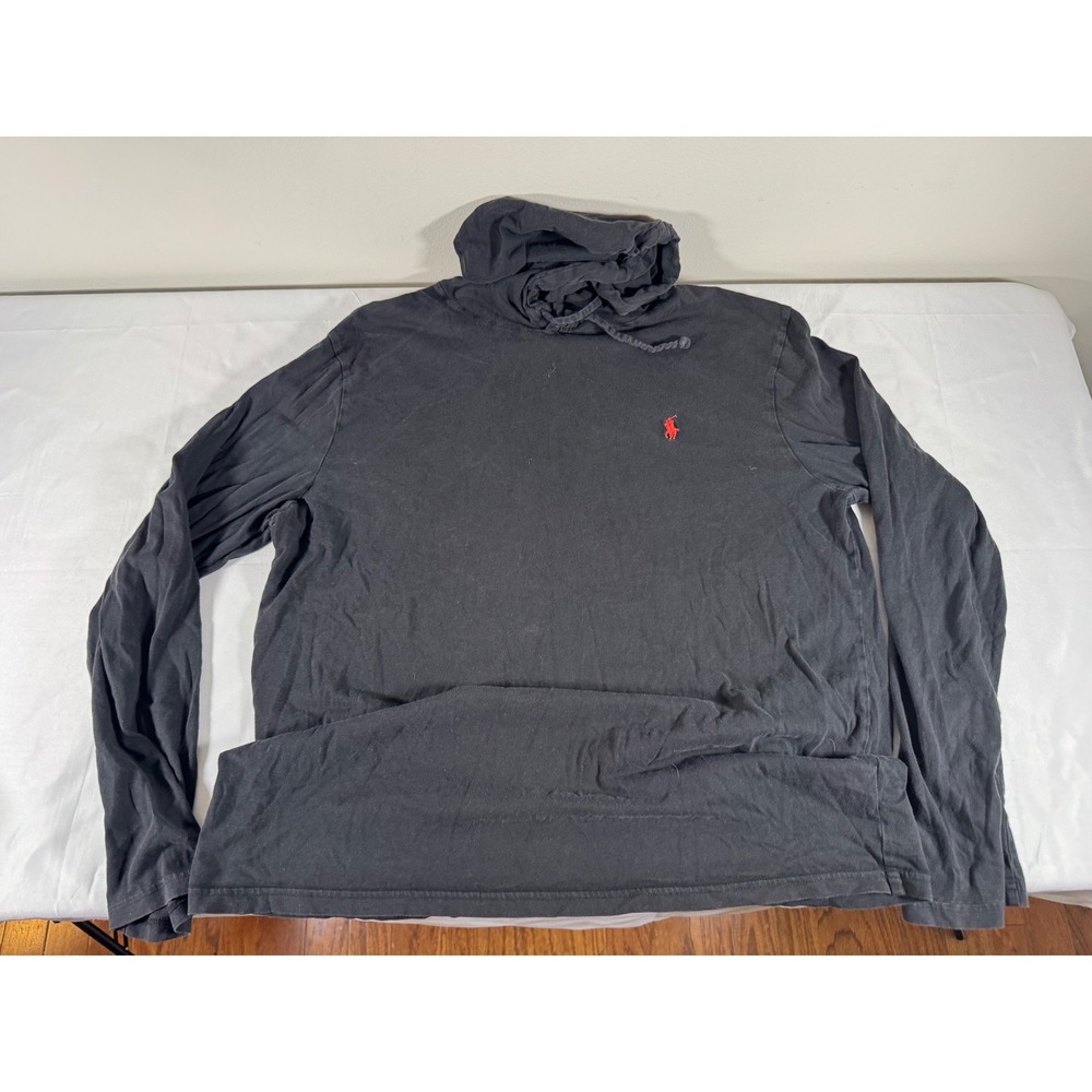 Polo Ralph Lauren Mens Black Long Sleeve Hooded T-Shirt Red Pony Logo Large
